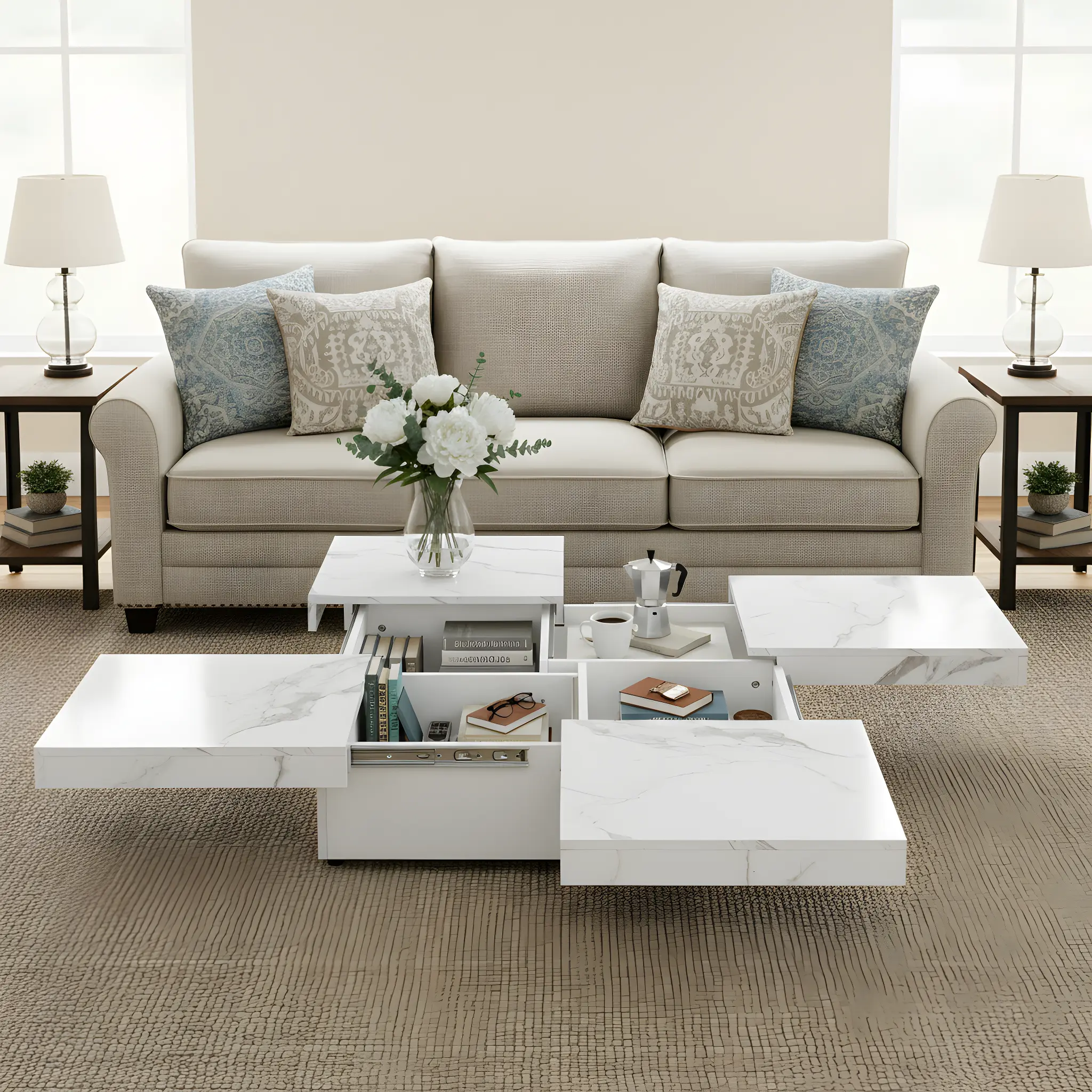 ARCH Square Marble Veneer Coffee Table with Sliding Top and Hidden Storage, 39.4 Inch White Living Room Center Table, Modern Contemporary Furniture for Home, Easy Assembly, Durable Construction, Living Room Table for Sofa Side, Bedroom, Office