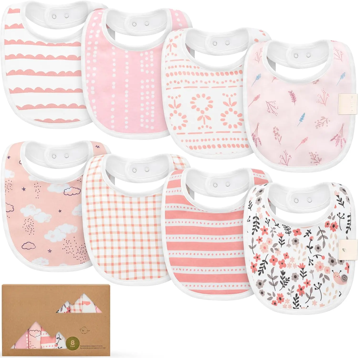 8-Pack Organic  Bibs  Drooling and Teething - Soft Cotton Bibs   Girl, Boy, Extra Absorbent, Easy to Clean & Put On  Toddler, Newborn, Infant 0-24 Months (Sweet Charm) New model muslin