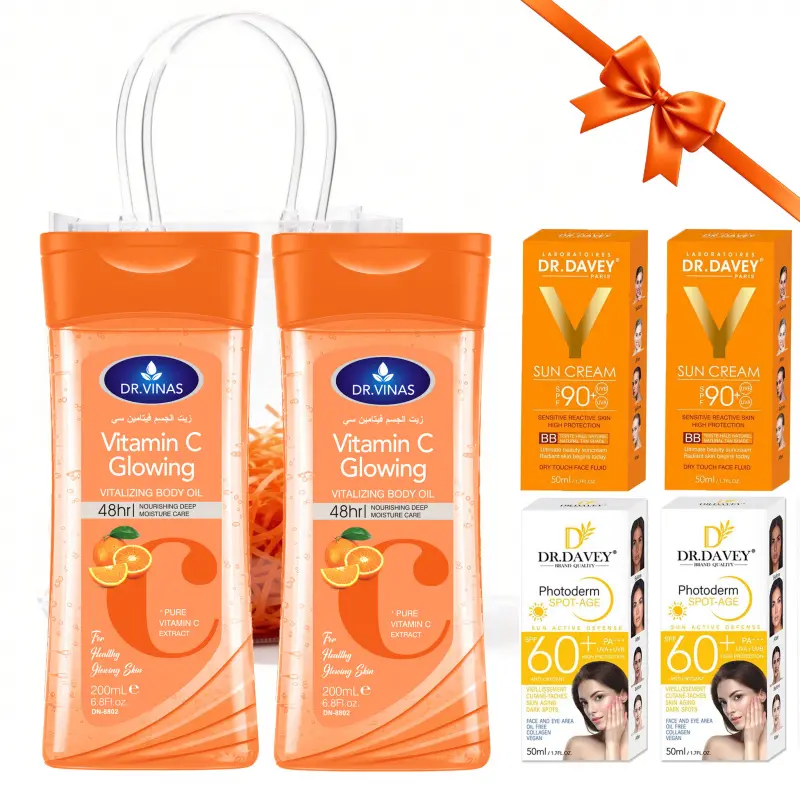 6pcs Vitamin C Body Oil+ Sunscreen Skincare Set Gift Skin Care Essential Oil Moisturizing Clear Water Feeling Sunscreen Milk Refreshing and Non greasy