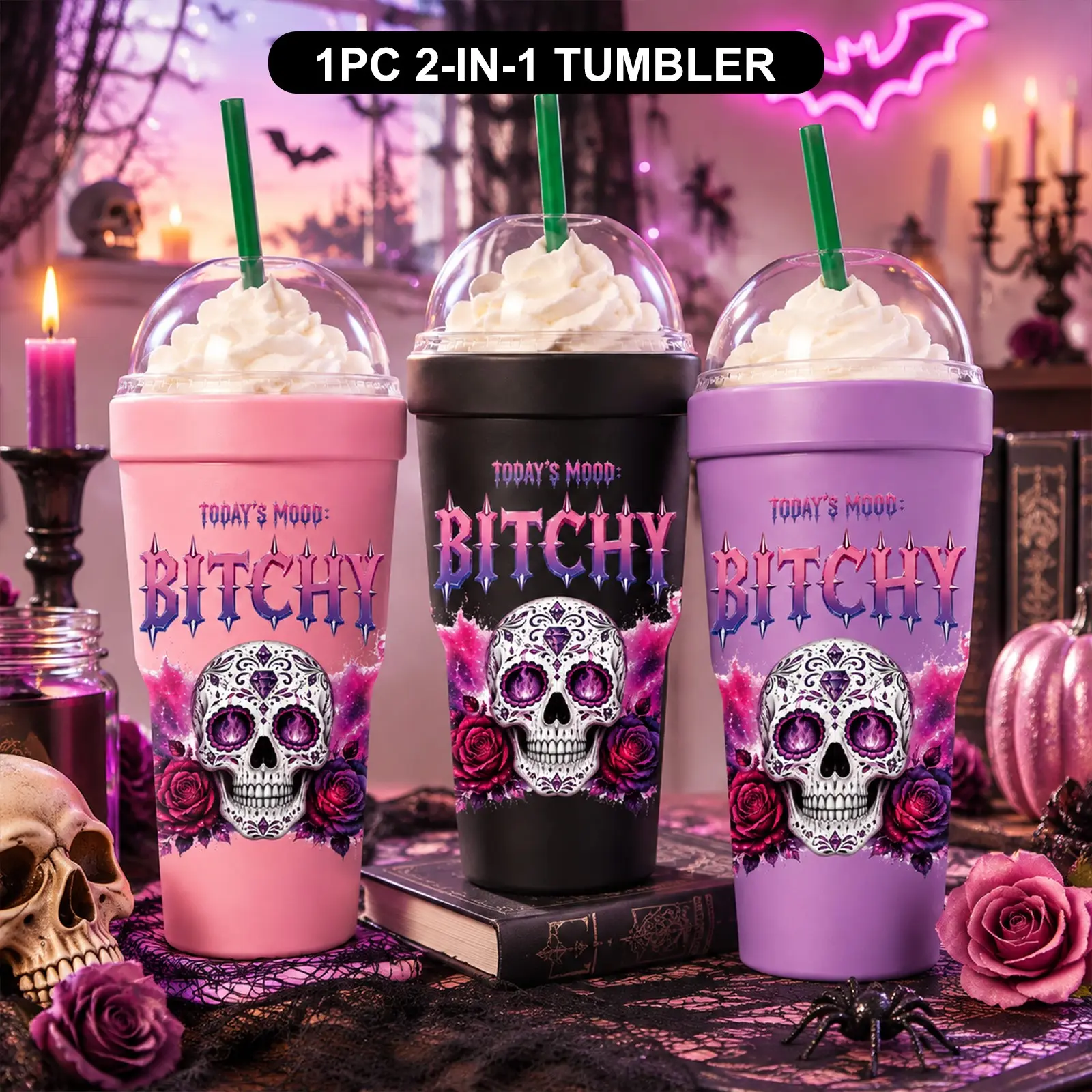 1PC 32oz Sassy Sugar Skull & Rose Print 2-in-1 Insulated Tumbler & Iced Coffee Cup Sleeve, Leak-Proof Double Wall Vacuum Stainless Steel Travel Mug, Cold 12+H & Hot 6+H, Fits 16–24oz To-Go Cups, Halloween Gift