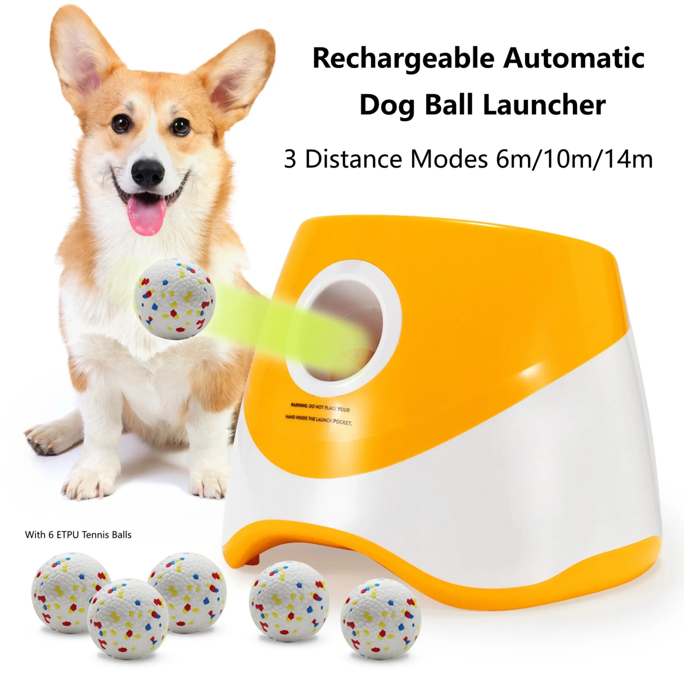 Charging Automatic Dog Tennis Ball Launcher, Adjustable Range 6m/10m/14m, Includes 6 Etpu Balls, Indoor Outdoor Toy for Small Medium Dogs