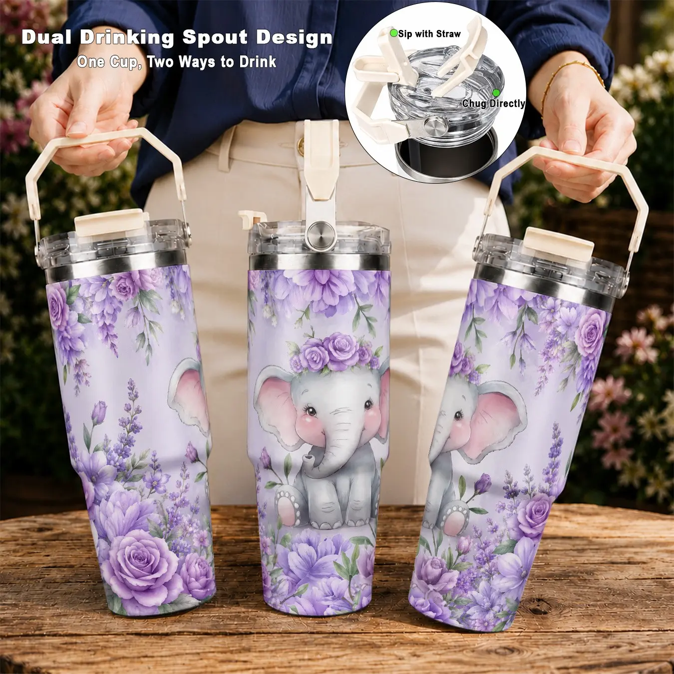 40oz Rose Lavender Elephant Print Stainless Steel Insulated Vacuum Flask Cup Tumbler, Leak-Proof with Straw, Ideal for Coffee & Outdoor Activities
