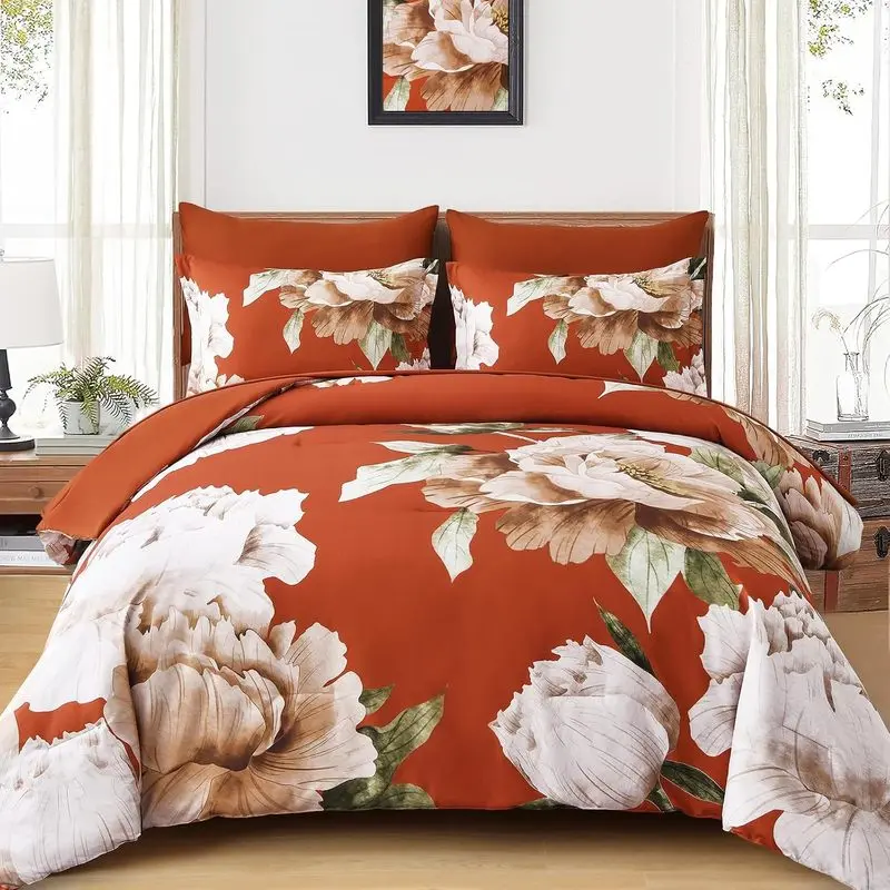 Burnt Orange Floral Comforter Set Queen Size, 7-Piece Bed in a Bag with Sheets, Botanical Flower Bedding Set, Soft Microfiber Comforter with Pillowcases & Shams, All Season Farmhouse Bedding