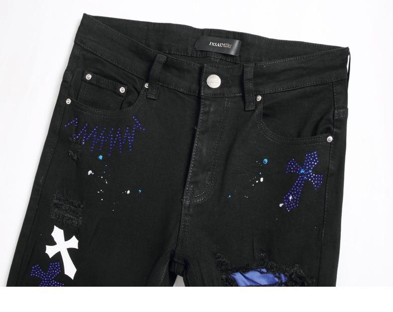 European and American High Street Black Cross Badge Rhinestone Distressed Jeans Men's Slim Fit Casual Long Pants Trendy Brand Streetwear Menswear