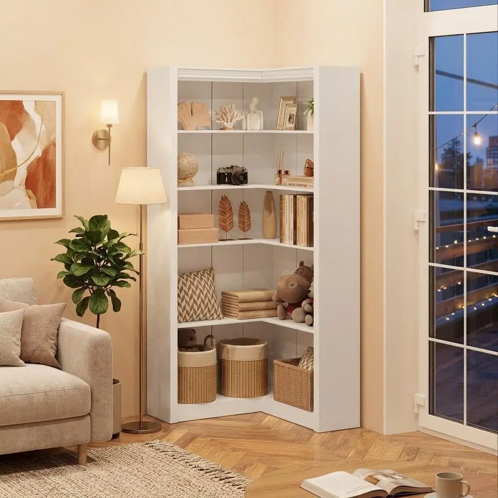 and  71.8" L-Shaped 5-Tier Tall Corner Bookshelves with Open Storage, Heavy-Duty Wooden Display Shelves Featuring Anti-Tip Kits, Available in White Bas-Relief and Vintage Colors, 180 cm High, 27 kg Load Capacity