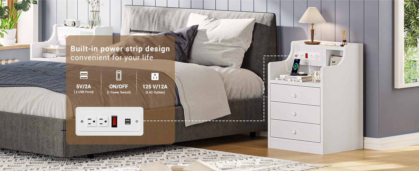 Sikaic Nightstand with 3 Drawers Charging Station White Bedside Cabinet Modern Accent Tables USB Ports Power Outlets Storage Modern Furniture