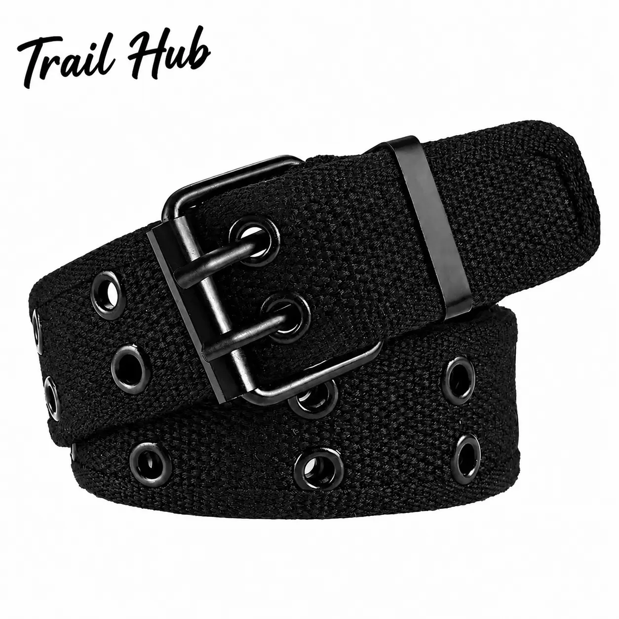 Men's Heavy-Duty Tactical Belt - Premium Canvas and Genuine Leather Build, Reinforced Nylon Core, Dual Row Metal Eyelets, Rivet Detailing - Urban-Edgy Design for Daily Wear, Biker Enthusiasts