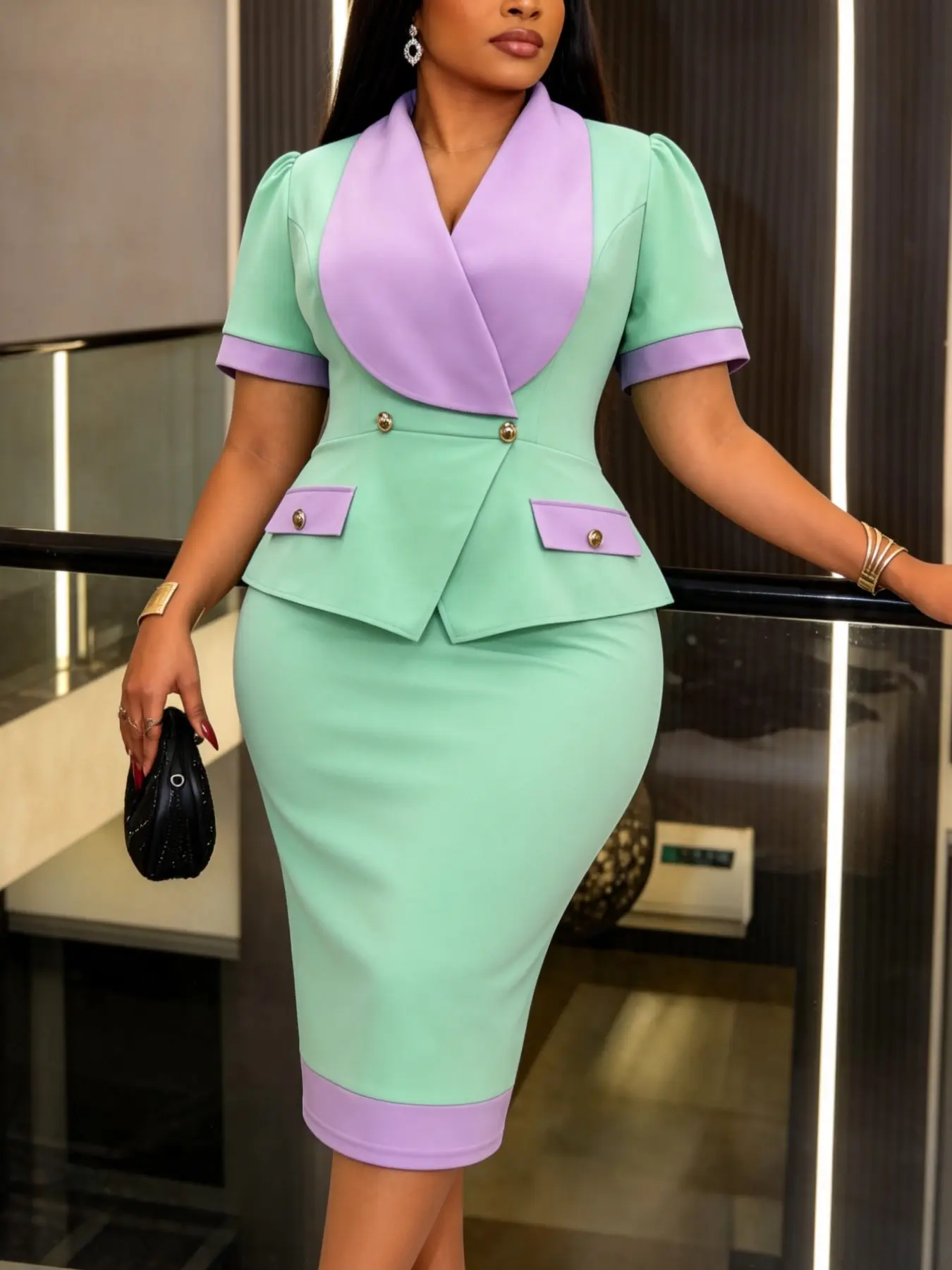 AOMEI DRESS Women Elegant Colorblock Blazer Bodycon Midi Dress Shawl Collar Short Sleeve Button Decor High Waist Design Dress for Work Office Church Spring Summer Formal Occasions