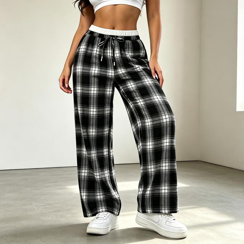 Women's Plaid Loose Cut Wide Leg Joggers Vintage Inspired Casual Loungewear with Contrast Elastic Drawstring Waistband, Relaxed Fit for Home Relaxation & Street Fashion Outings