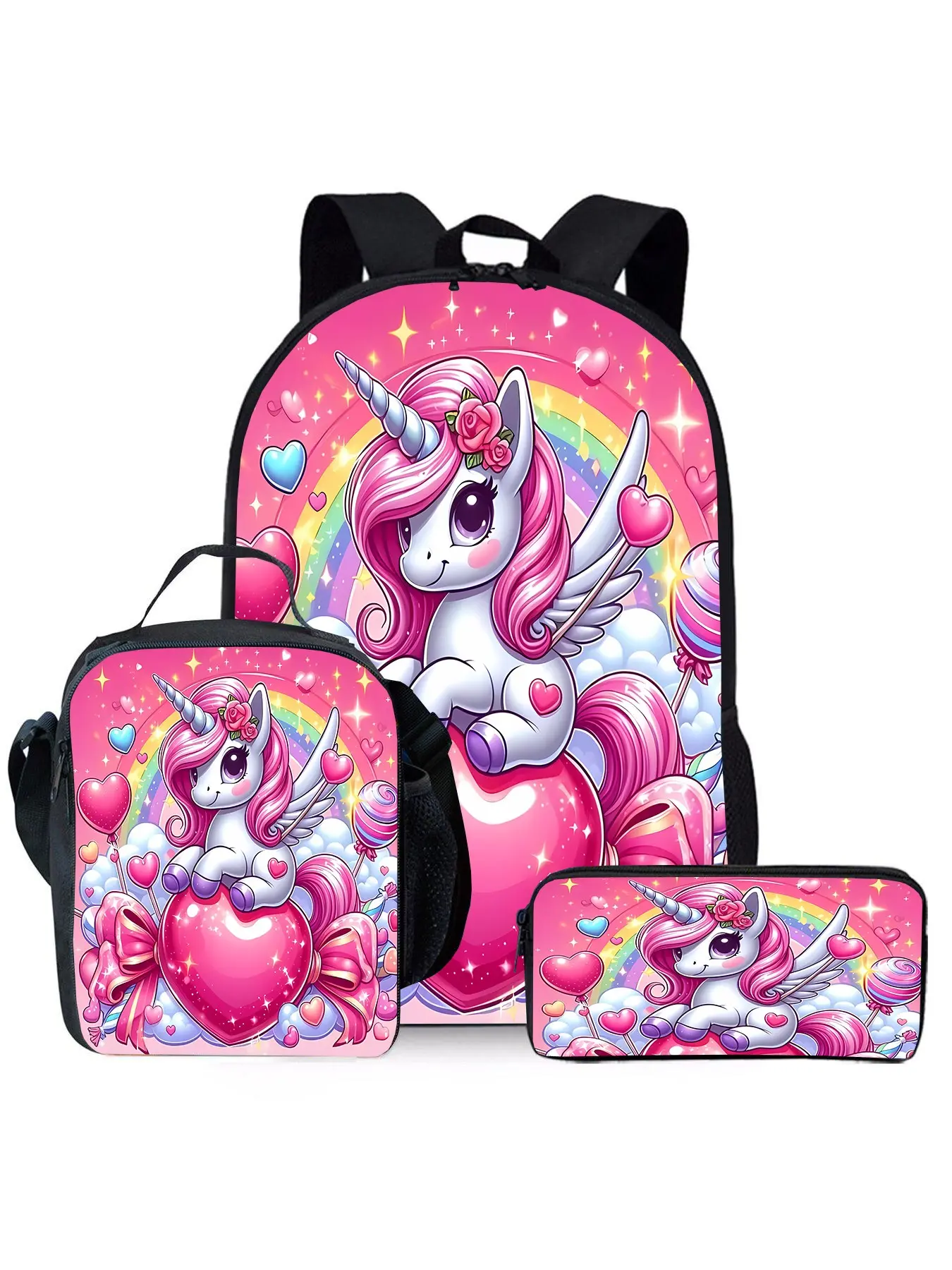 Lightweight Cartoon Unicorn Backpack Three-piece Set (Single-Layer Backpack + Shoulder Strap Lunch Bag + Single-Layer Pencil Bag) Casual School Bags with Zip Closure Adjustable Straps and Vibrant Print Design for Women and Men