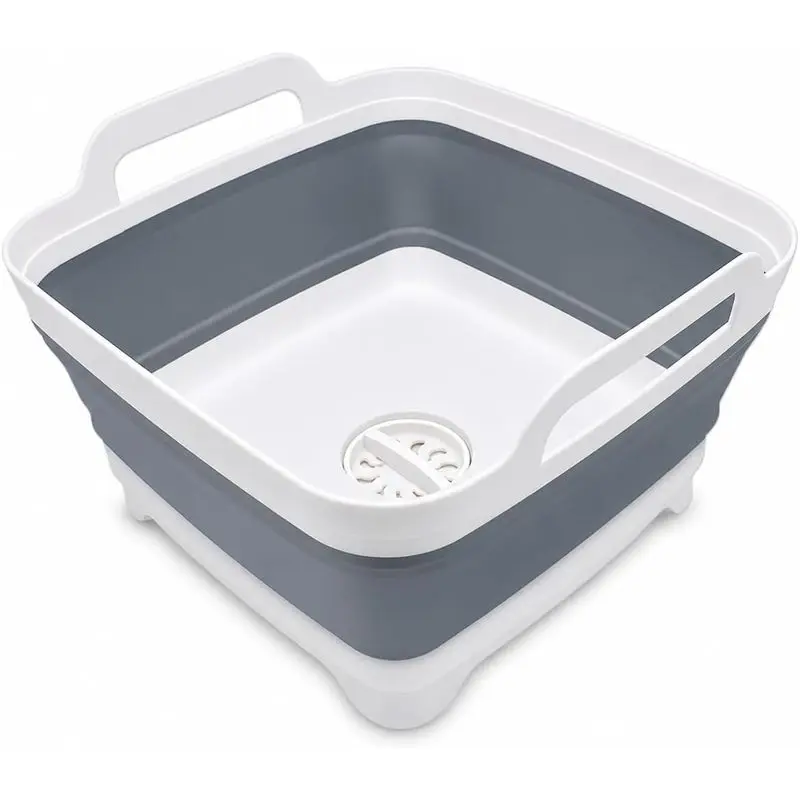 Outdoor store 2.4 Gal(9L) Collapsible Dish Basin with Drain Plug, Space Saving Outdoor Multiuse Foldable Sink Tub, Dishpan, Kitchen Storage Tray for Camping, Vegetable Washing, RV (Gray)