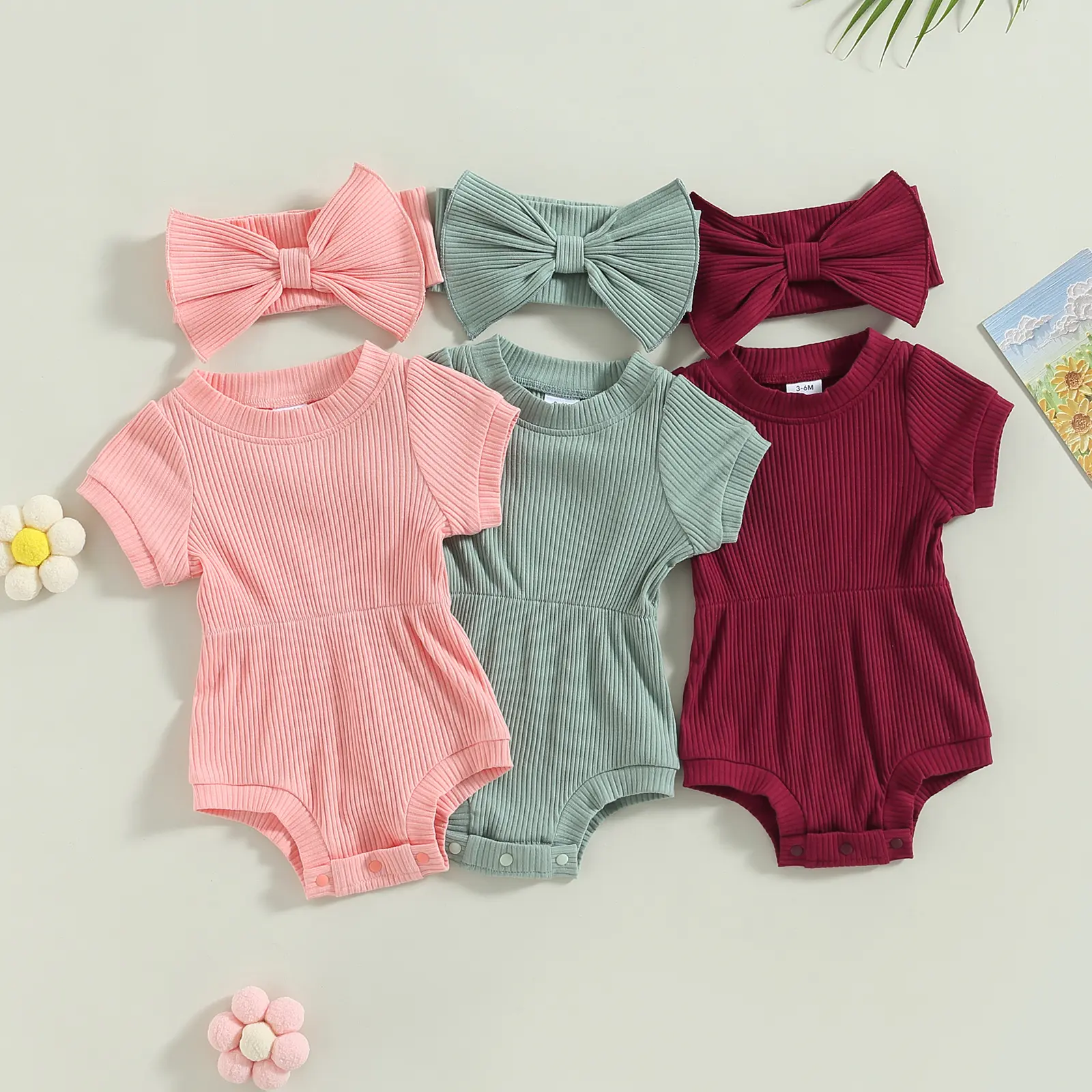 Newborn Baby Girl Clothes Solid Ribbed Short Sleeve Romper Jumpsuit Bodysuit with Headband Summer Outfit