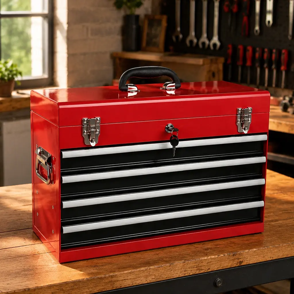 Heavy Duty Metal Tool Box 21 Inch Portable 4 Drawer Tool Chest with EVA Liners Ball Bearing Slides Auto Locking Powder Coated Steel Tool Organizer for Garage Workshop Home Storage, Multiple Color Options