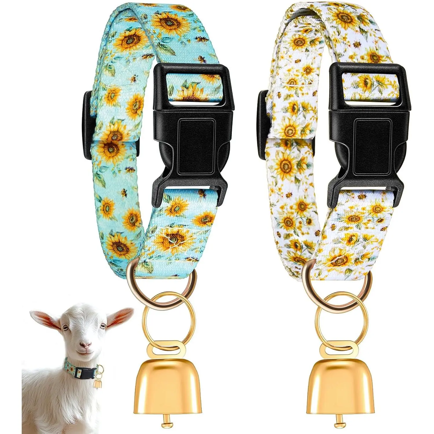 2 Pack Goat Collars with Bells Grazing Copper Bell and Adjustable Nylon Collar Set Loud Bronze Bell for Farm Sheep Cow Dog Accessories Goat Owner Gift(Sunflower)