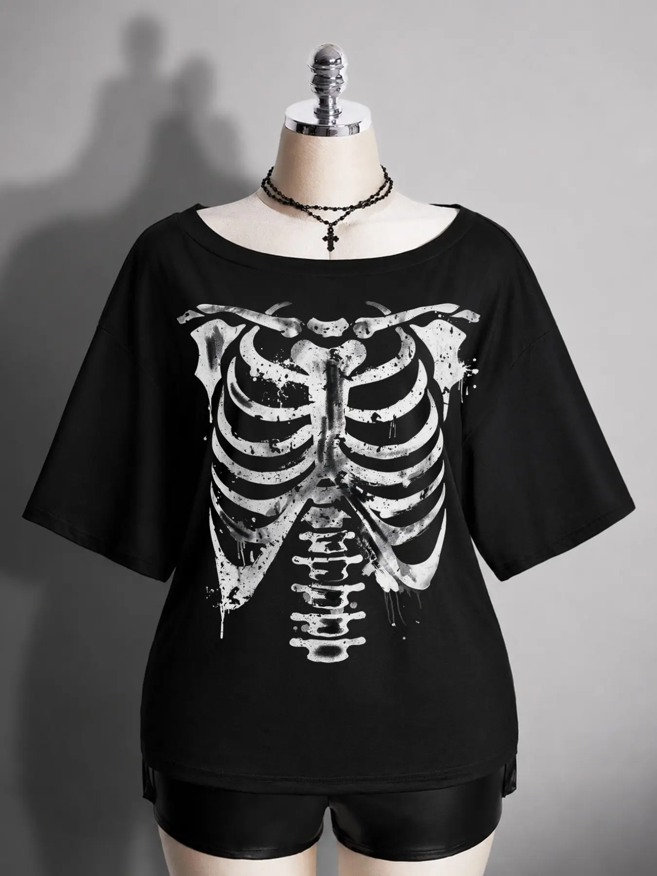 Women's Asymmetric Bone Print Y2K T-Shirt, Sexy Off-Shoulder Summer Casual Tee, Trendy Outdoor Fashion Top
