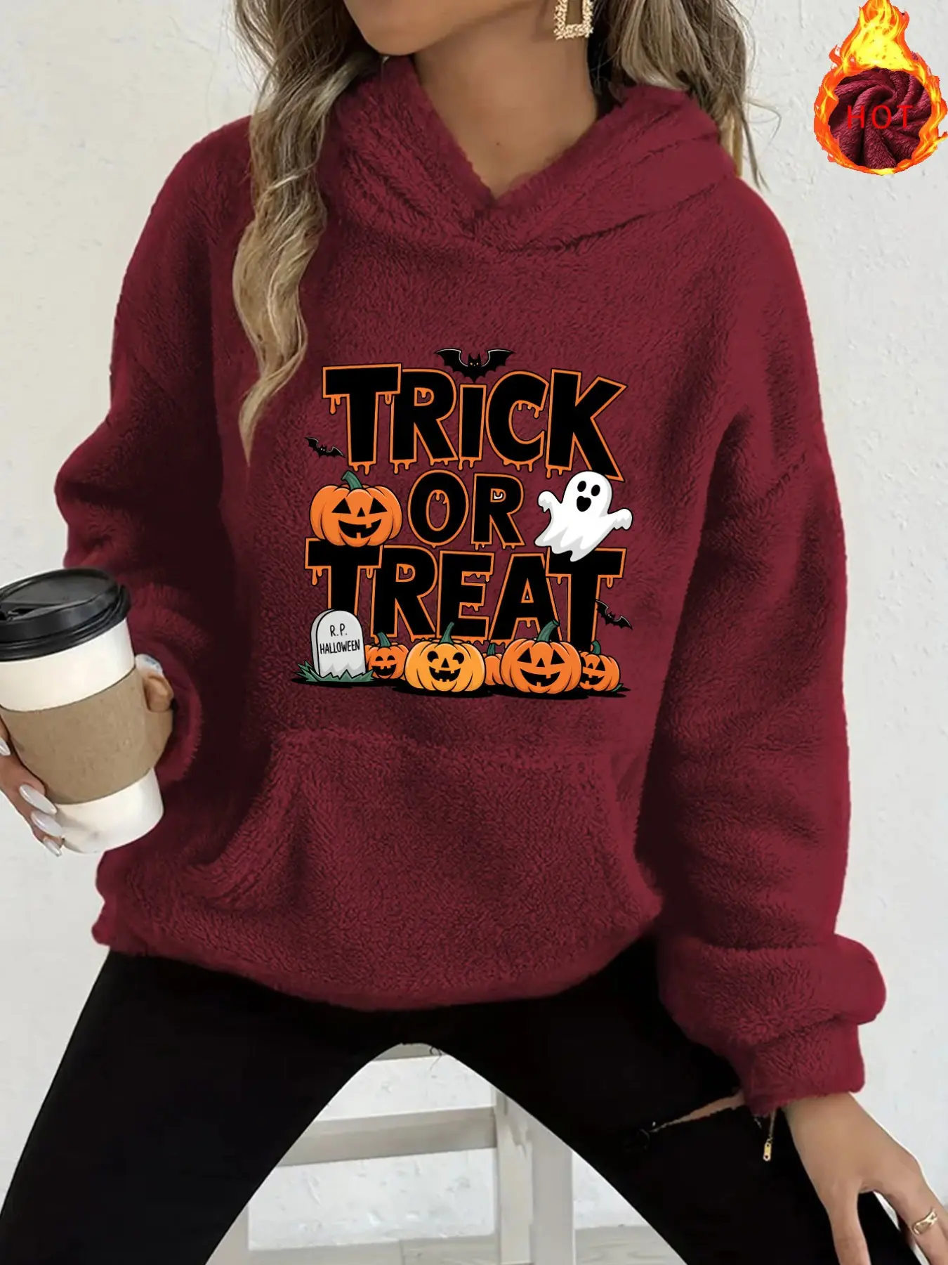 Y2K Flannel Hoodie, Halloween Pumpkin Ghost Bat Print, Loose-Fit Warm Pullover, Fall Fashion for Women, Cartoon Pattern