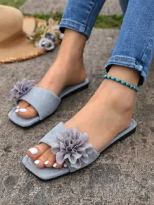 Women's Floral Decor Square Toe Flat Slide Sandals, Casual Summer Shoes, Single Strap Design #FlatSlideSandals #FloralDecor #SquareToe #WomensFootwear