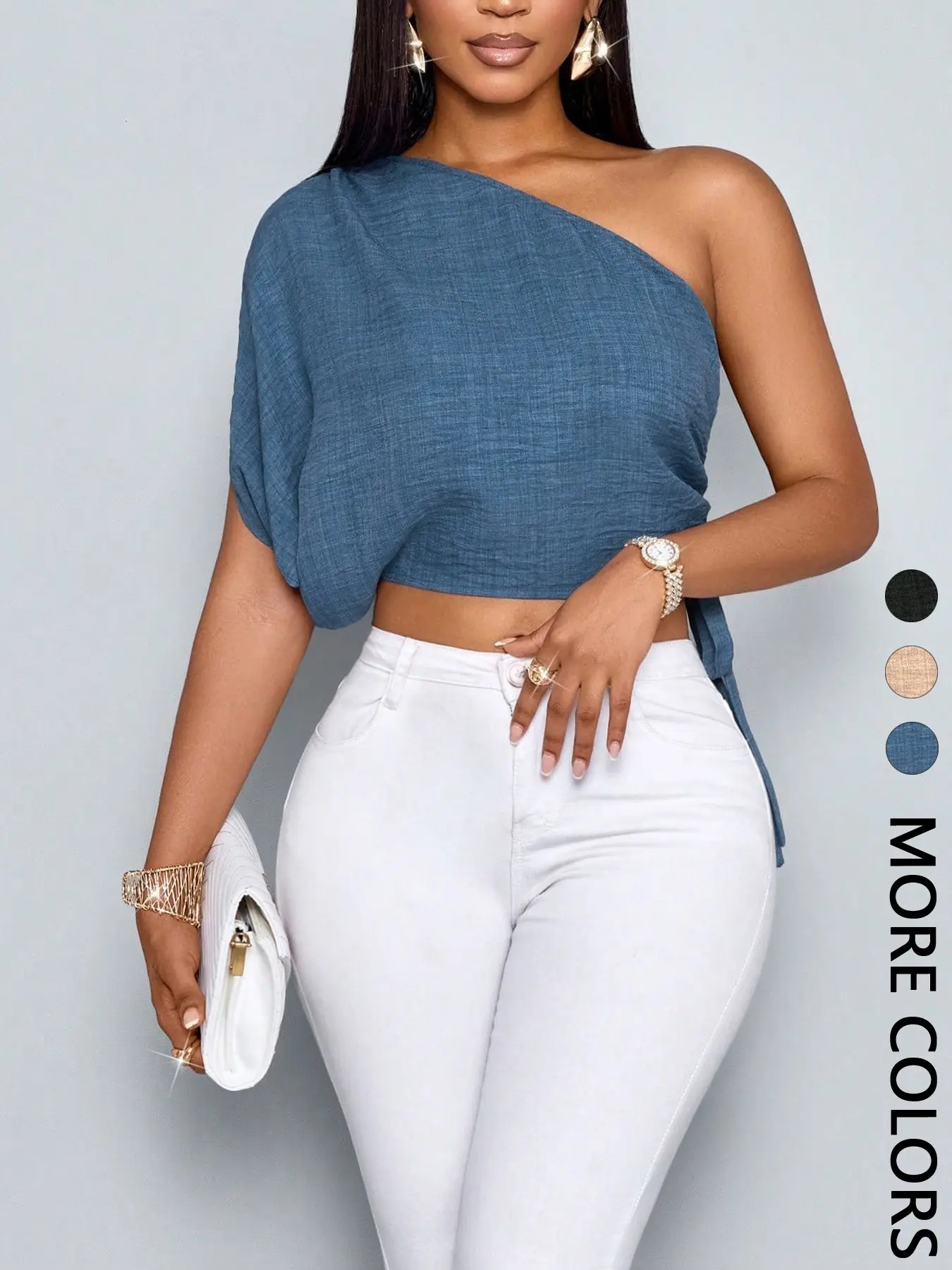 Women's Comfortable Stylish Loose Fit Batwing Tie Asymmetrical Shoulder Top, Casual Everyday Daily Wear