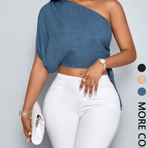 Women's Comfortable Stylish Loose Fit Batwing Tie Asymmetrical Shoulder Top, Casual Everyday Daily Wear