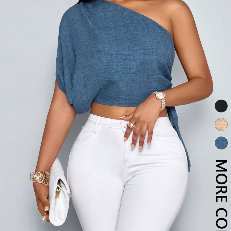 Women's Comfortable Stylish Loose Fit Batwing Tie Asymmetrical Shoulder Top, Casual Everyday Daily Wear