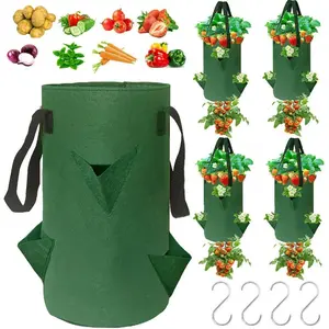 4Pack Upside Down Strawberry Planter, 3 Gallon Hanging Grow Bags for Tomato Vegetables 6 Planting Holes with 4 Hooks,Upside Down Strawberry Plant Hanger Vegetable Planting Bags for House (Dark Green)