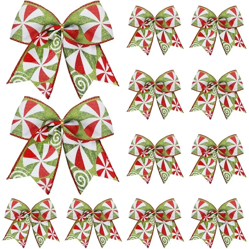 12 Pcs Red Green Christmas Bows 6 Inch Christmas Candy Wreaths Bows Xmas Tree Bows Peppermint Grland Ribbon Ornaments for Christmas Tree Home Wedding Indoor Outdoor Party Decor (Elegant)