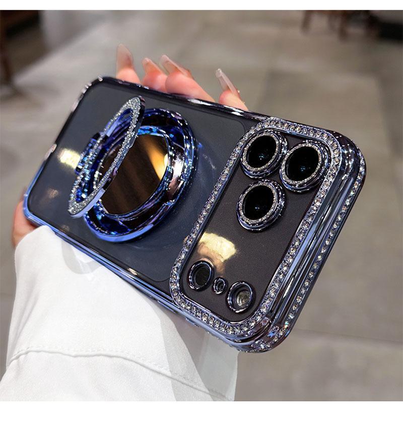 Women's Phone Case with Mirror & Stand for iPhone 12/13/14/15/16/17 Pro Max,17Air,14/15/16 Plus. Features a shiny frame, high-definition transparent material, and full-body drop-resistant design.