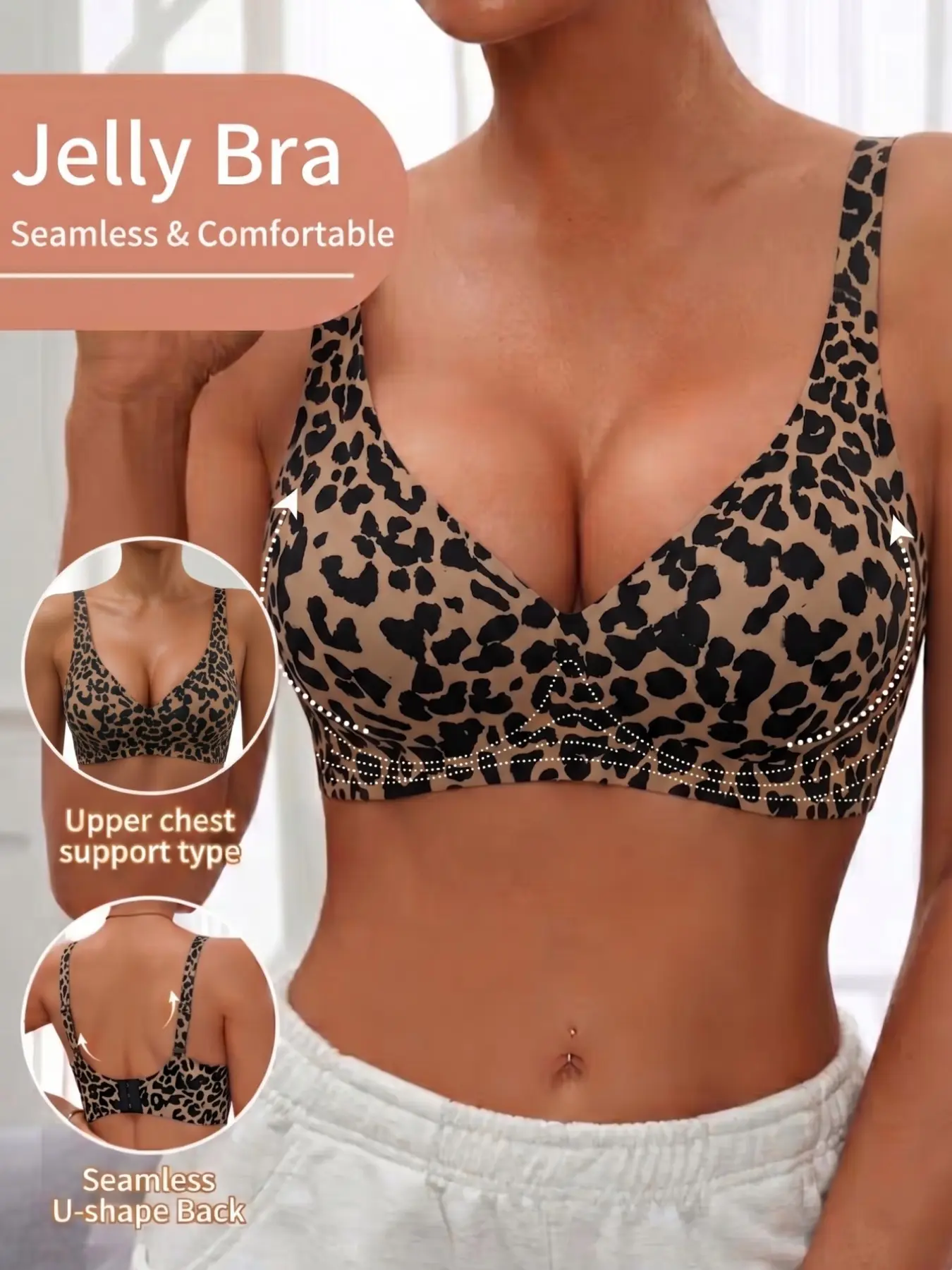Women's Stylish Practical Seamless Comfortable Wire-Free Deep V Leopard Print Jelly Everyday Bra for Daily Wear