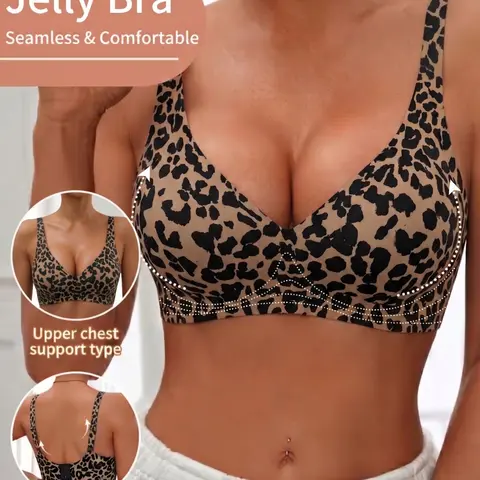 Women's Stylish Practical Seamless Comfortable Wire-Free Deep V Leopard Print Jelly Bra for Daily Wear Jelly Bralettes