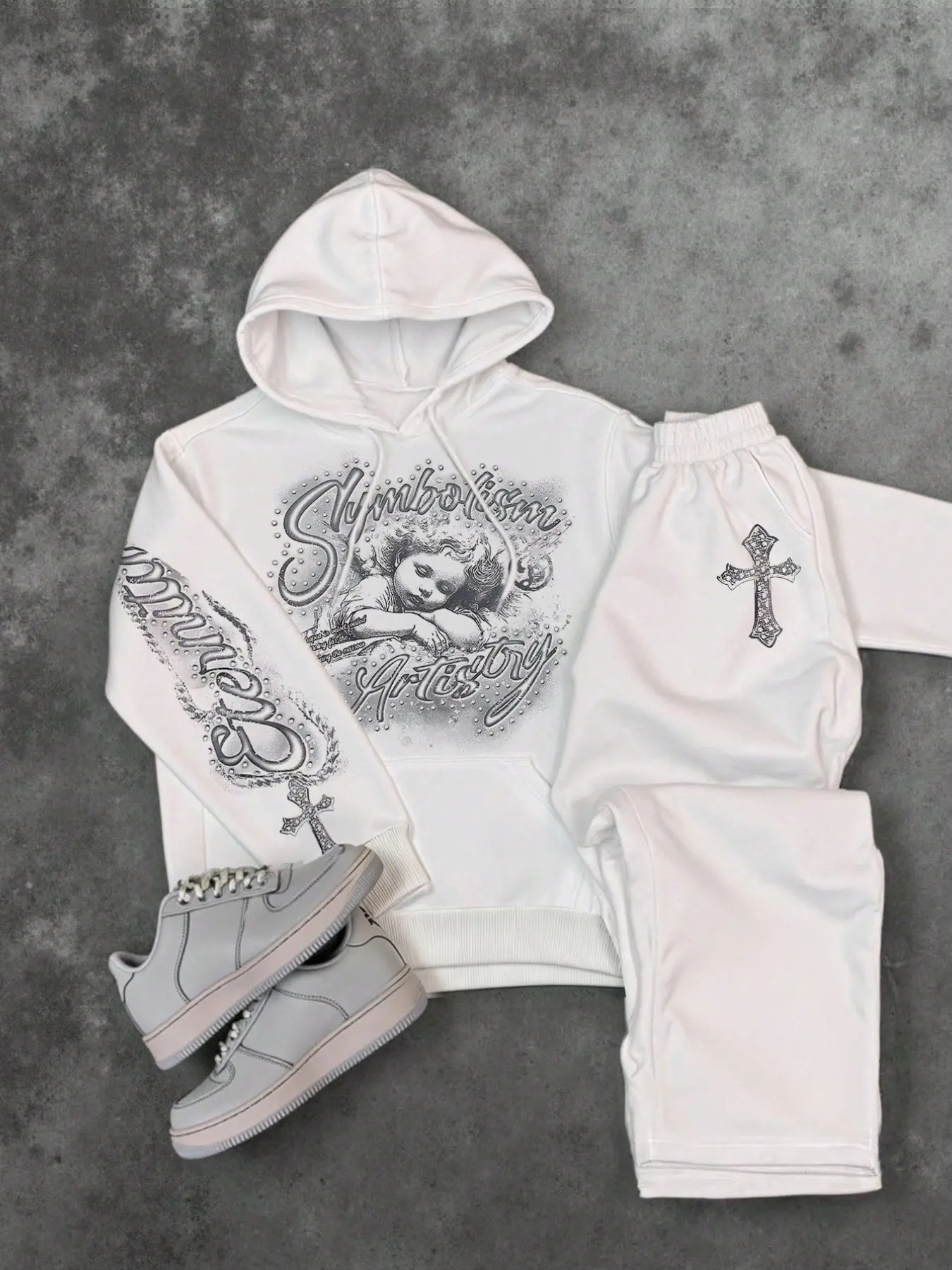 Men's Vintage Angel Cross Print Hoodie Set, Street Style Loose-Fit Sweatshirt and Pants, Two-Piece for All Seasons
