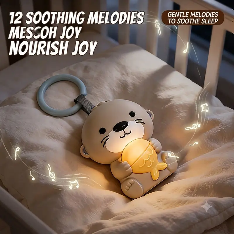 Baby Soothing Otter Light & Sound Toy, with warm soft glow that doubles as a night light, two timer settings for auto shut-off, portable and hangable design, gentle white noise music with adjustable volume, a soothing toy that can be hung on infant cribs,