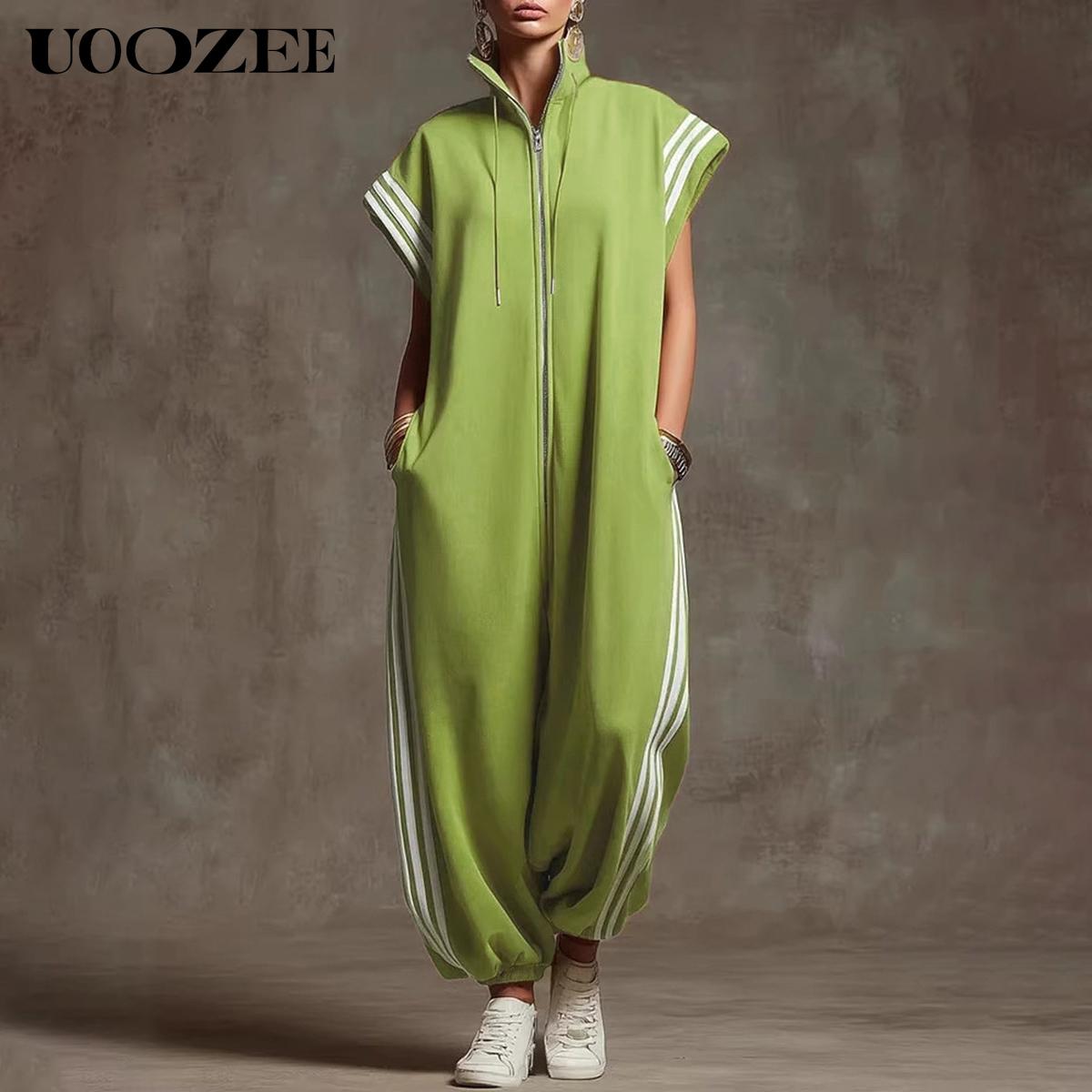 UOOZEE Women's New Summer Casual Side Stripe 100% Polyester Plus Size Contrast Color Pockets Jumpsuits, Loose Short Sleeves Zipper Stand Collar Ninth Pants One-Piece, Loungewear Streetwear Athletic Jumpsuit for Spring Summer Fall Womenswear