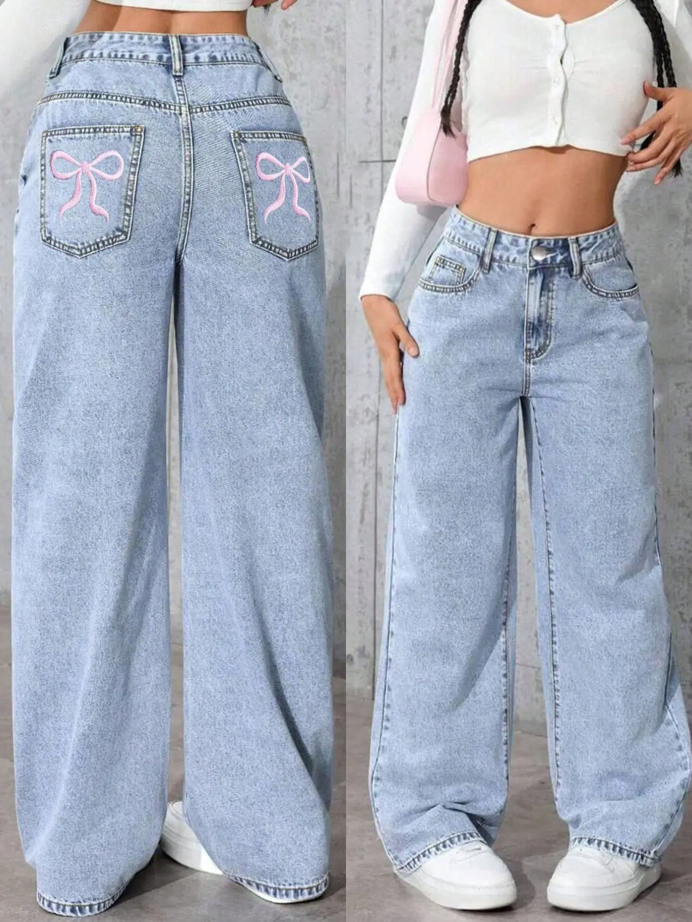 Teen Girls Washable Jeans, Embroidered Butterfly Knot Design, Loose Fit, High Waist, Elastic Back Waist, All Seasons Casual Wear