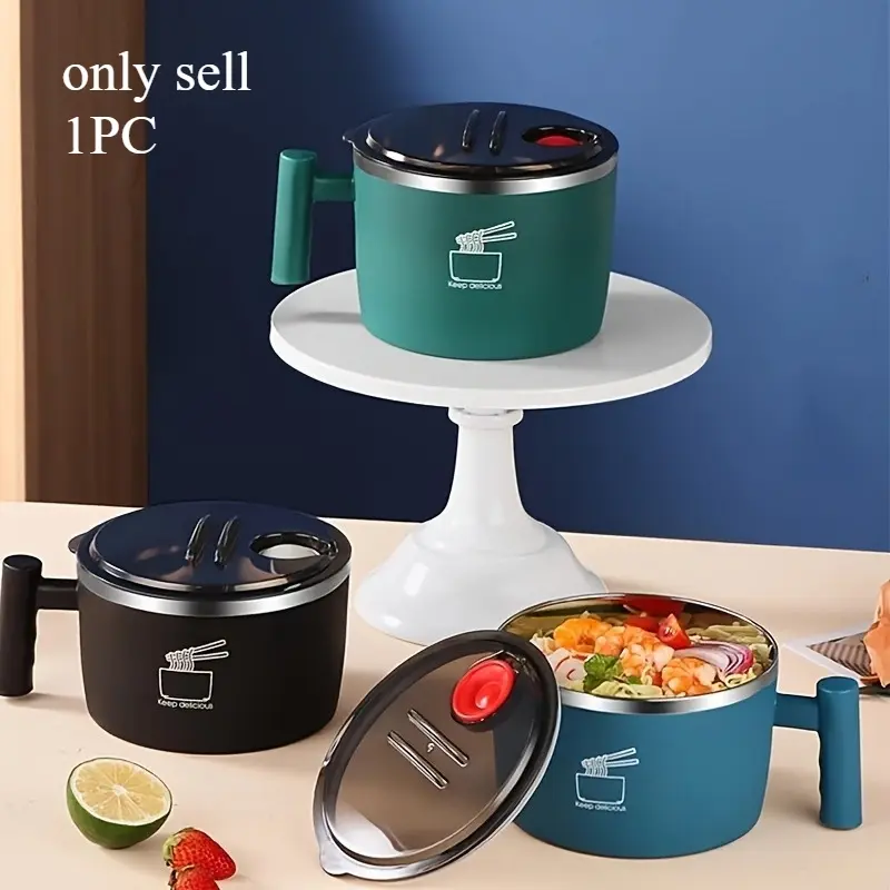 Stainless Steel Insulated Noodle Bowl With Lid Draining Portable Lunch Bowl Back-To-School Essential Insulated Lunch Containers