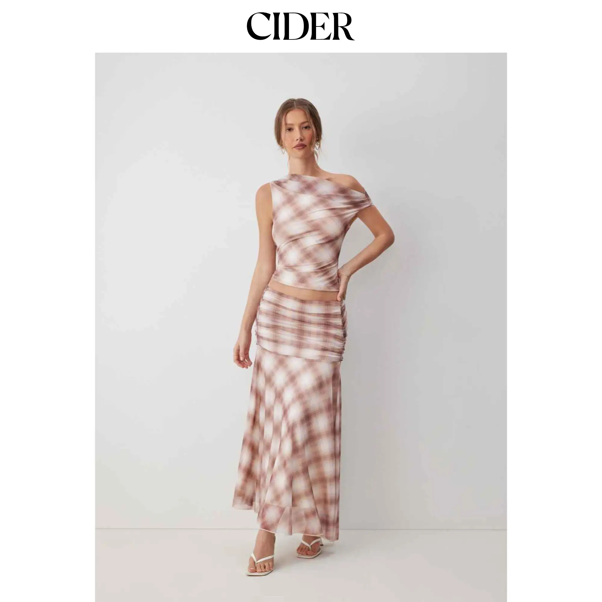 Cider Mesh Check Graphic Asymmetrical Neck Top & Mid Rise Ruched Waist Maxi Skirt Set