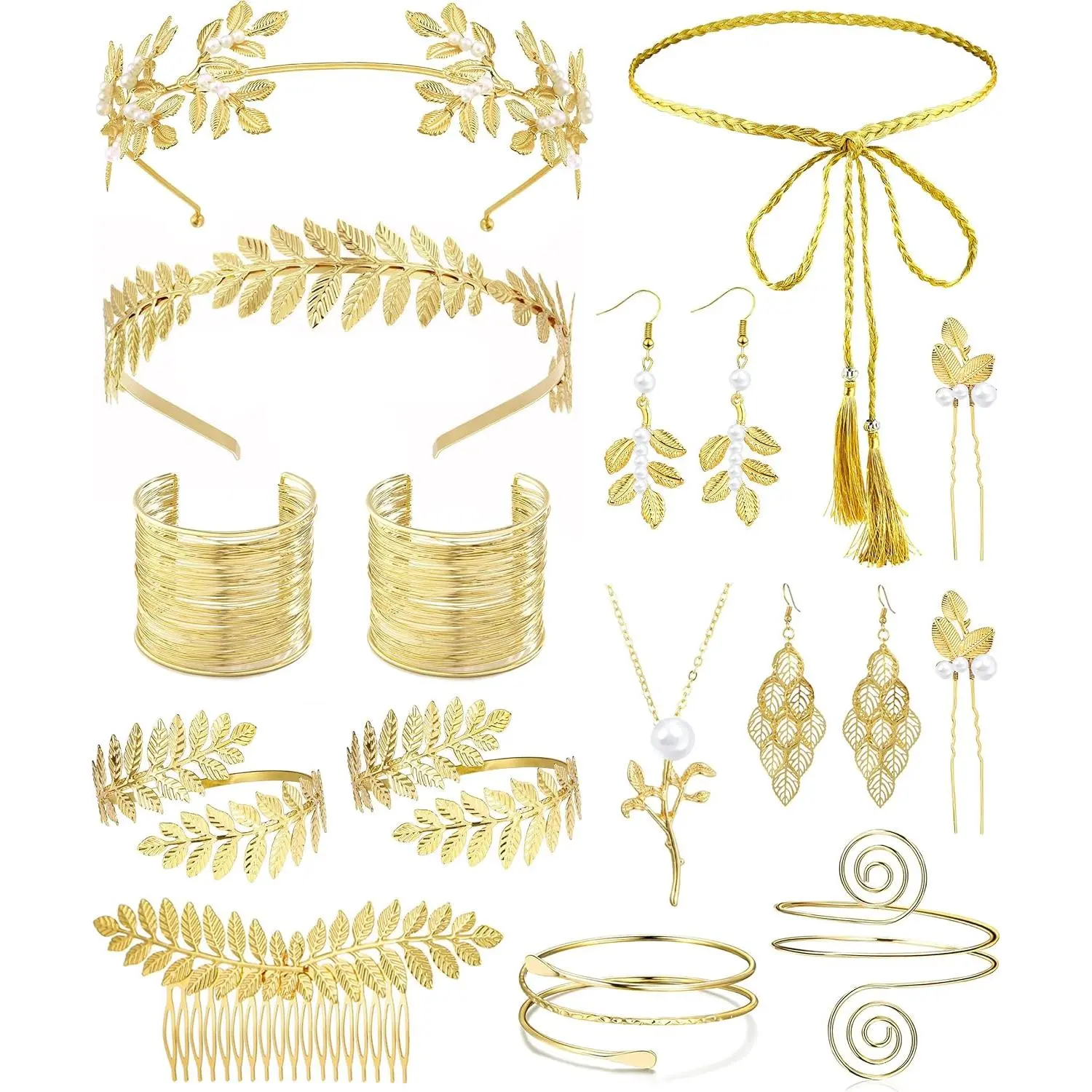 17 count Greek Goddess Costume Accessories Set for Women Golden Leaf Headband Hair Clips Upper Earrings Arm Cuff Earrings Belt Toga Party
