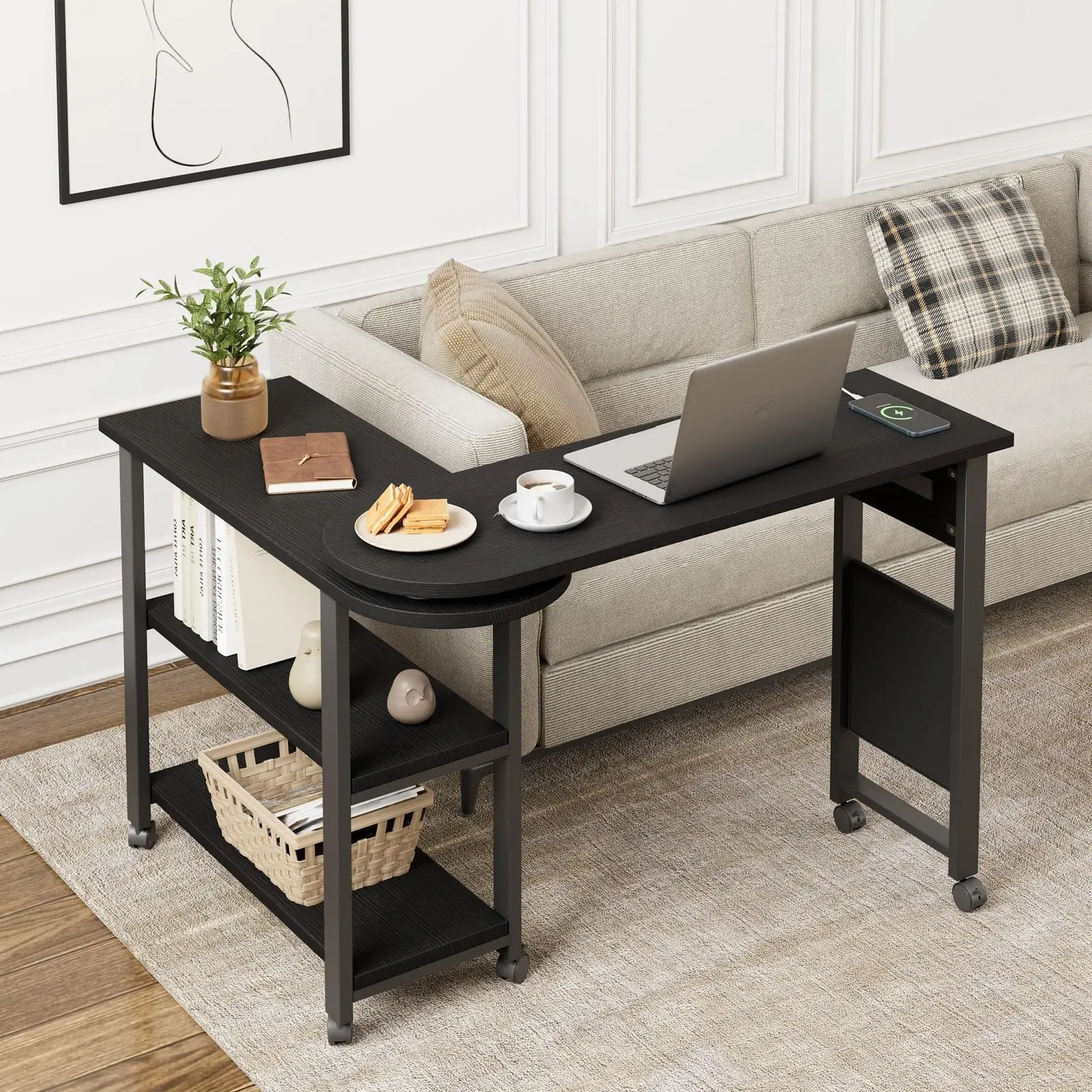 360° Free Rotating End Table, Rotating Sofa Side Table, 2-Tier Hidden Couch Side Desk, Movable Laptop Table with Side Storage Pocket and 6 Casters