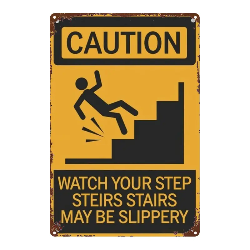 "Caution Watch Your Step Stairs May Be Slippery" Safety Metal Sign, 8x12 Inch Aluminum Wall Notice Plaque for Home Staircase, Office, Business
