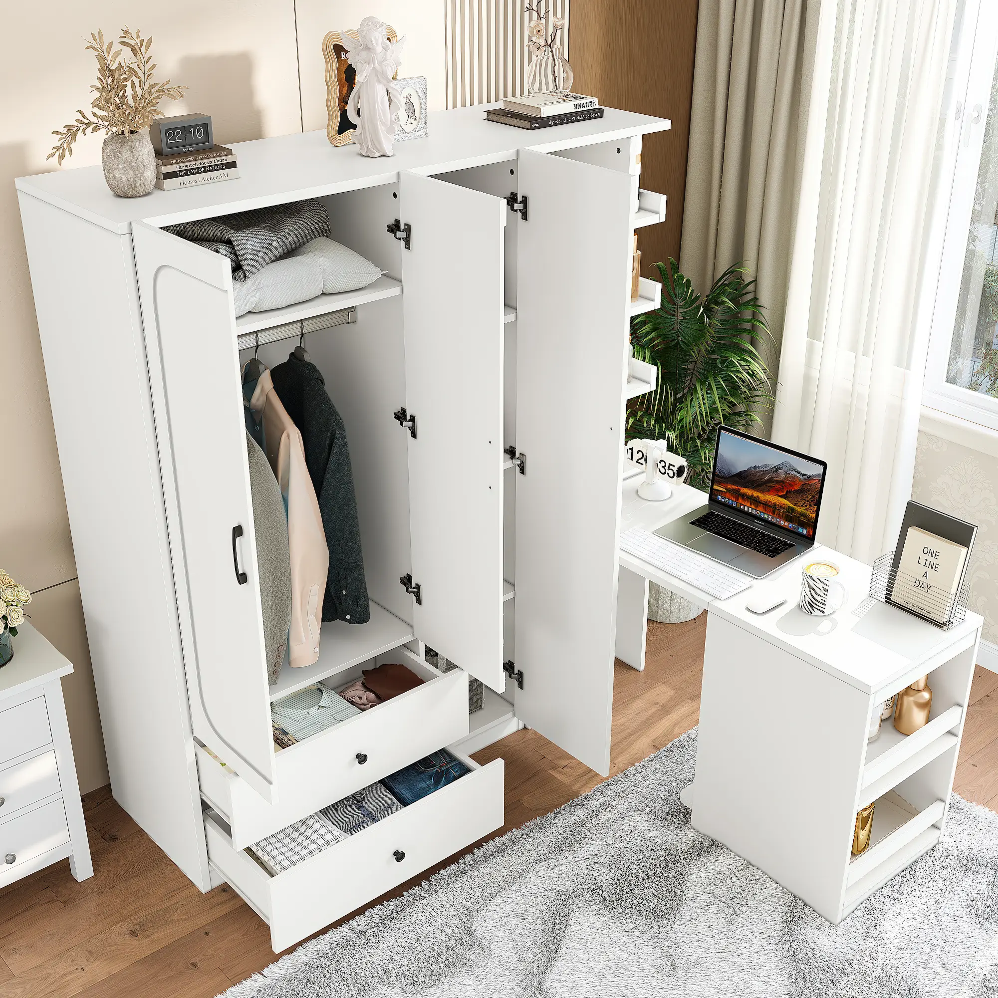 ARCH Multifunctional Wooden Wardrobe Closet - 2 Doors, Hanging Rod, Convertible Desk, Drawers, Clothing Storage, Wooden Construction, Foldable, Wrinkle-Free Garment Storage, White Finish, Assembly Required, for Bedroom, Home Organization Furniture