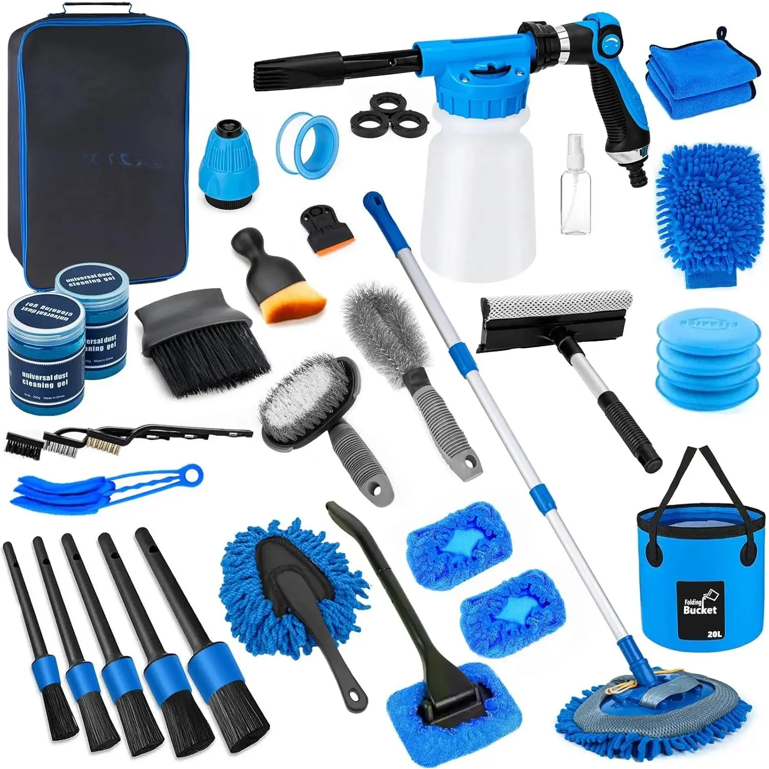Car Wash Kit, Car Detailing Kit with Foam Gun, Car Wash Brush Mop and Large Folding Bucket Suitable for Car Cleaning, Blue Car Wash Set Gift for Men and Women