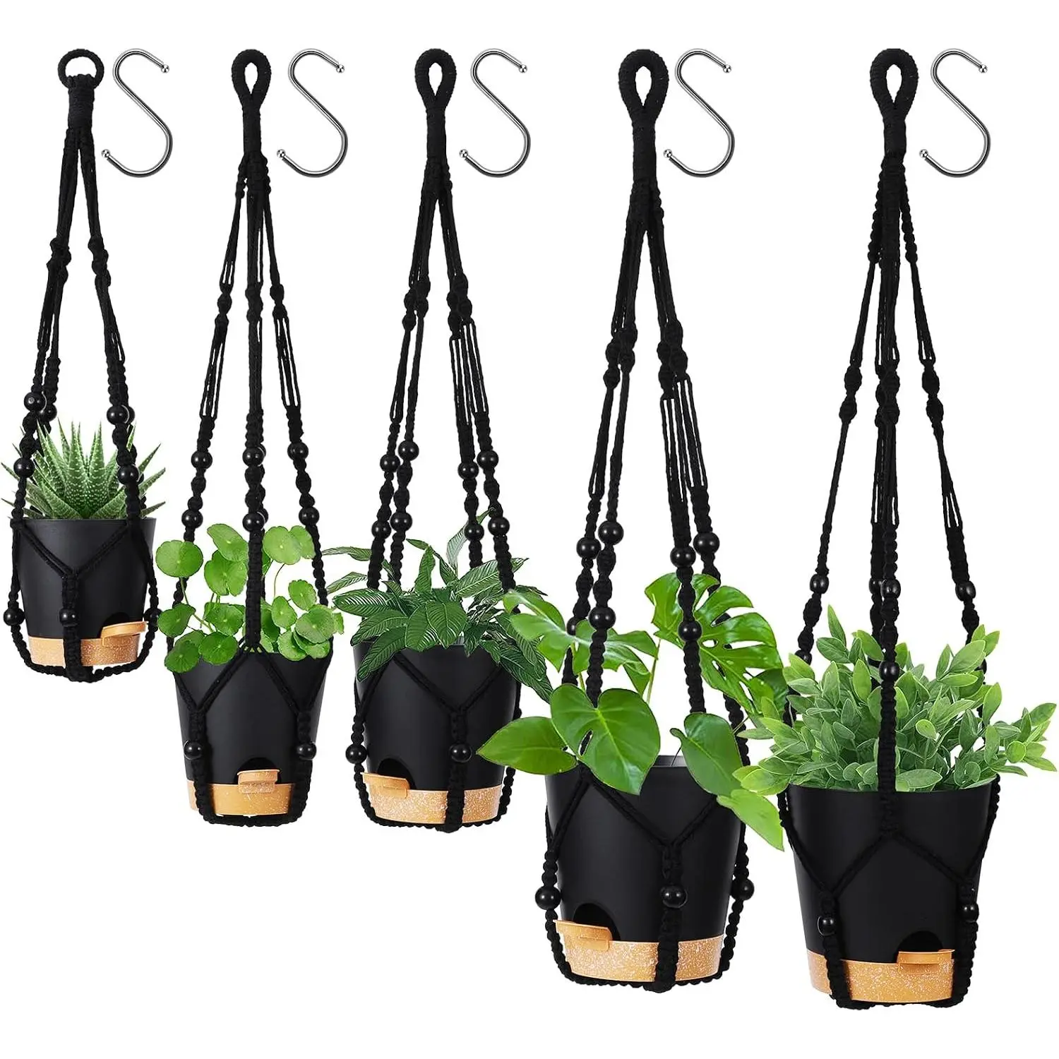 Hanging Planters for Indoor Plants,5Pcs Hanging Basket for Indoor Boho Home Decor,Macrame Plant Hanger,35 Inches,29Inch,23Inch, Ivory,Self Watering Planters, 7/6.5/6/5.5/5 Inch,Black&Black