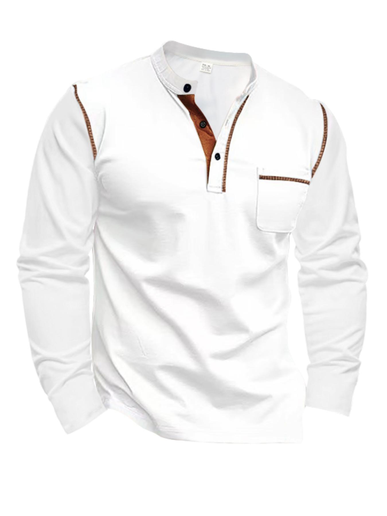 Men's Regular Fit Long Sleeve Pocket T-shirt, Casual Button Front Mock Neck Top for Spring & Fall, Fashion Men's Clothes for Daily Wear