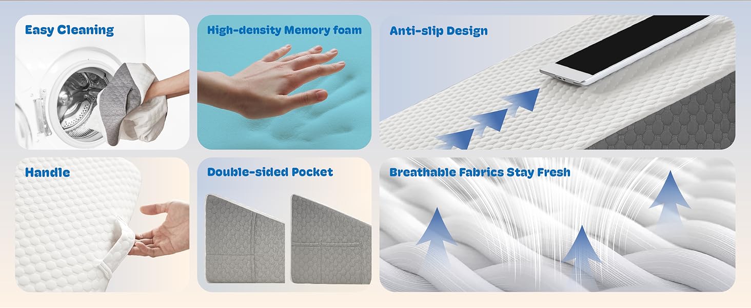 Wedge Pillow, Wedge Pillow for Acid Reflux, Back Pain Relief, Cooling Top, Bed Wedge Pillows for Headboard, Sleeping, Snoring, Back, After Surgery.