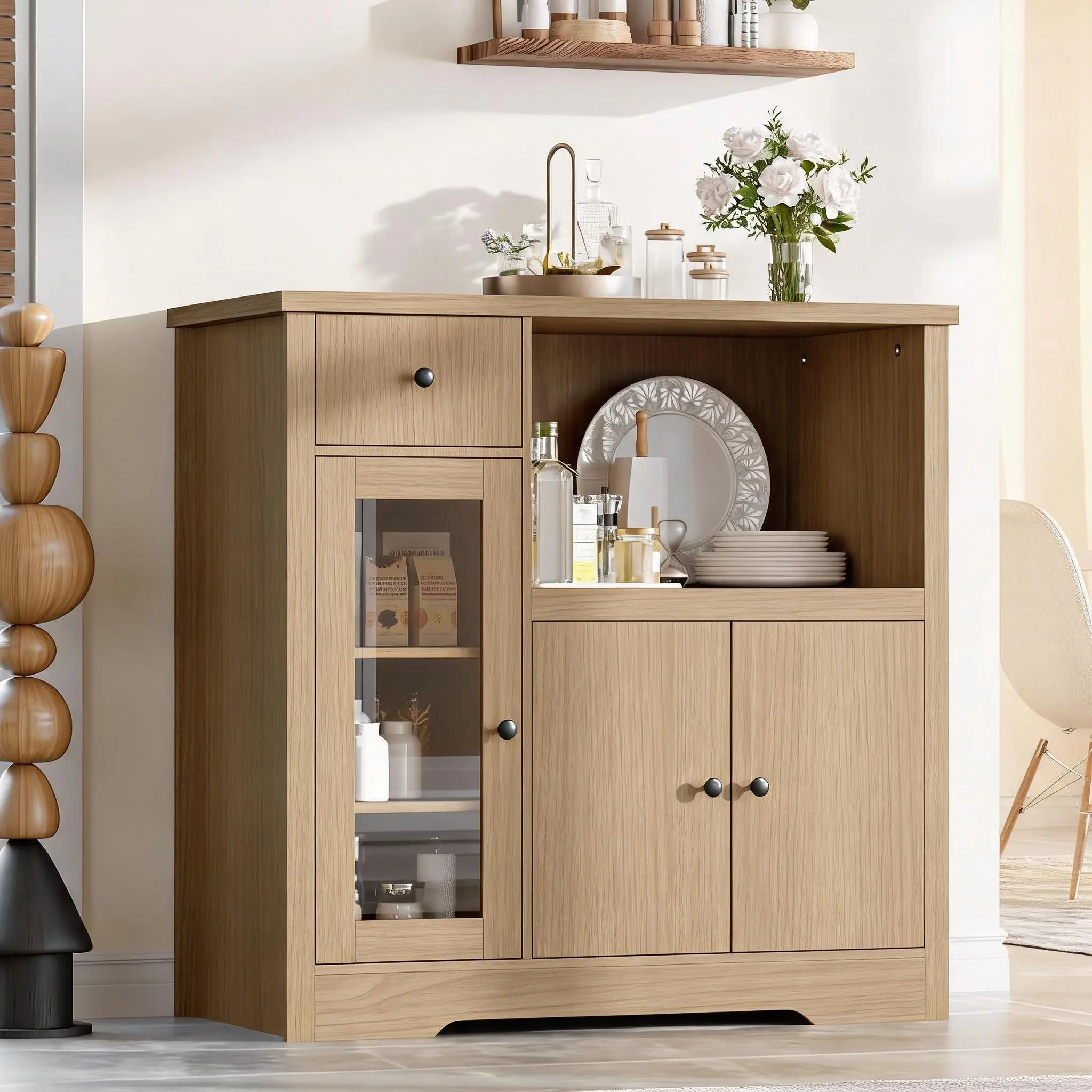 Black Wooden Kitchen Microwave Stand Cabinet with Glass Doors, Drawer, Sideboard for Small Space Dining Room, Coffee Bar Storage