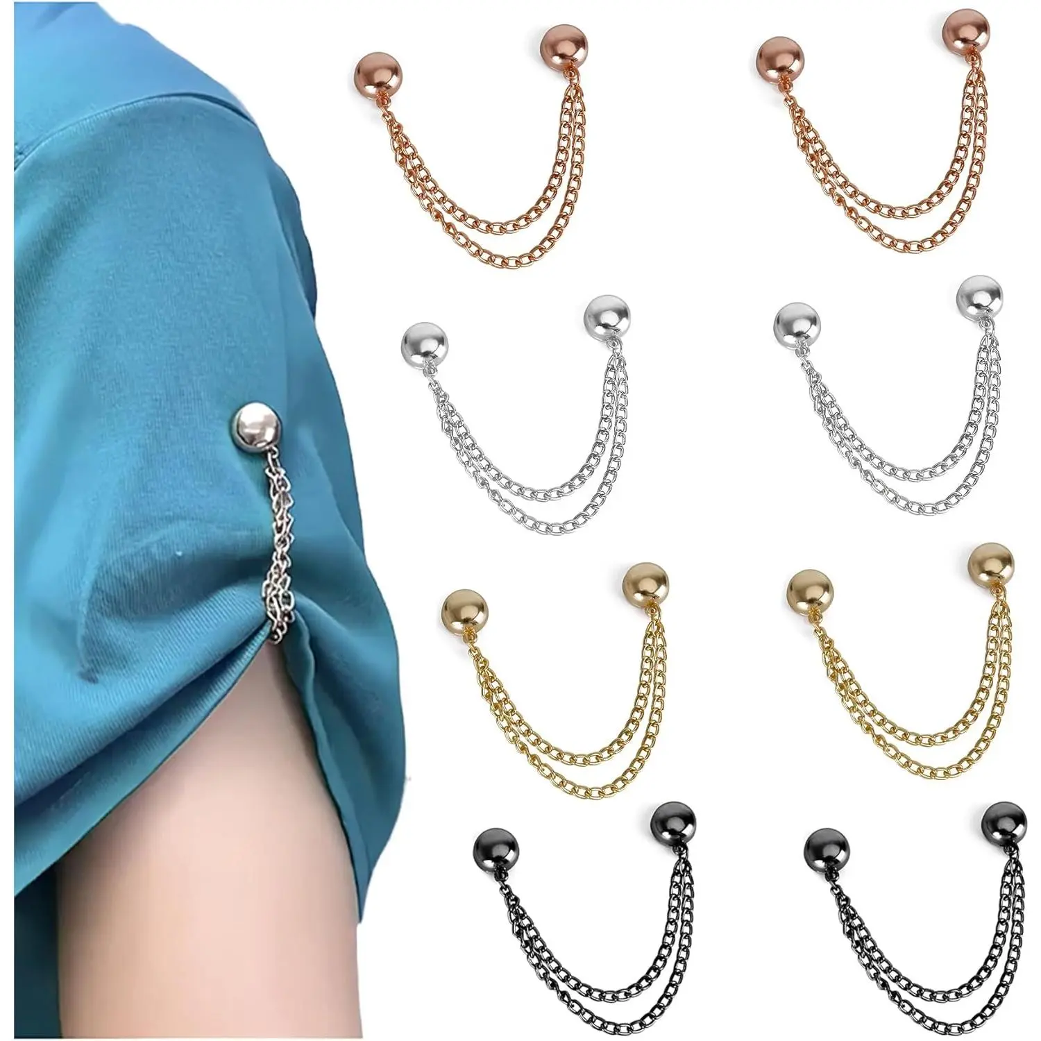 8 Pack Magnet Clothing Pins, Metal Magnetic Clips – Instant Garment Tailoring Solution |     Secure Shirt Hem Adjuster, Sleeve Cinch Clip T-Shirts/Blouses/Dresses, Hijab & Scarf Holder with Chain