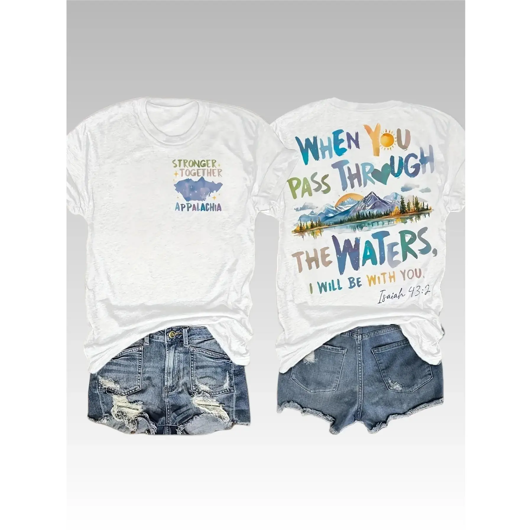 Women's Appalachia Graphic T-Shirt, Casual Short Sleeve Faith Tee with Isaiah 43:2 Bible Verse Mountain Print, Cotton Fabric Top for Everyday Wear