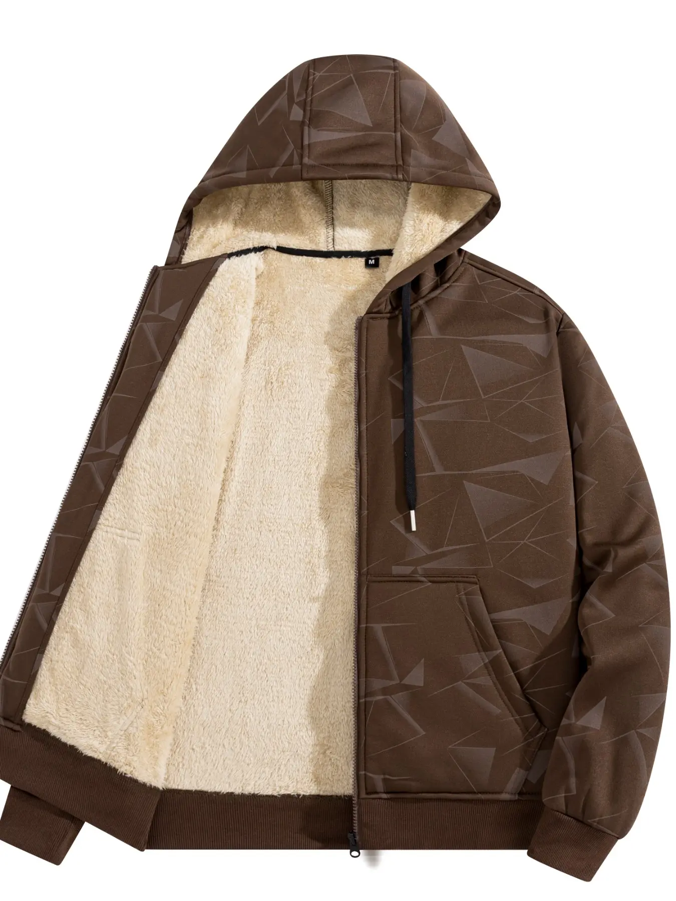 Men's Geometric Pattern Fleece Lined Hooded Zipper Jacket, Sheepskin Inner Warm Design, Thick Casual Sweatshirt Coat for Fall Winter