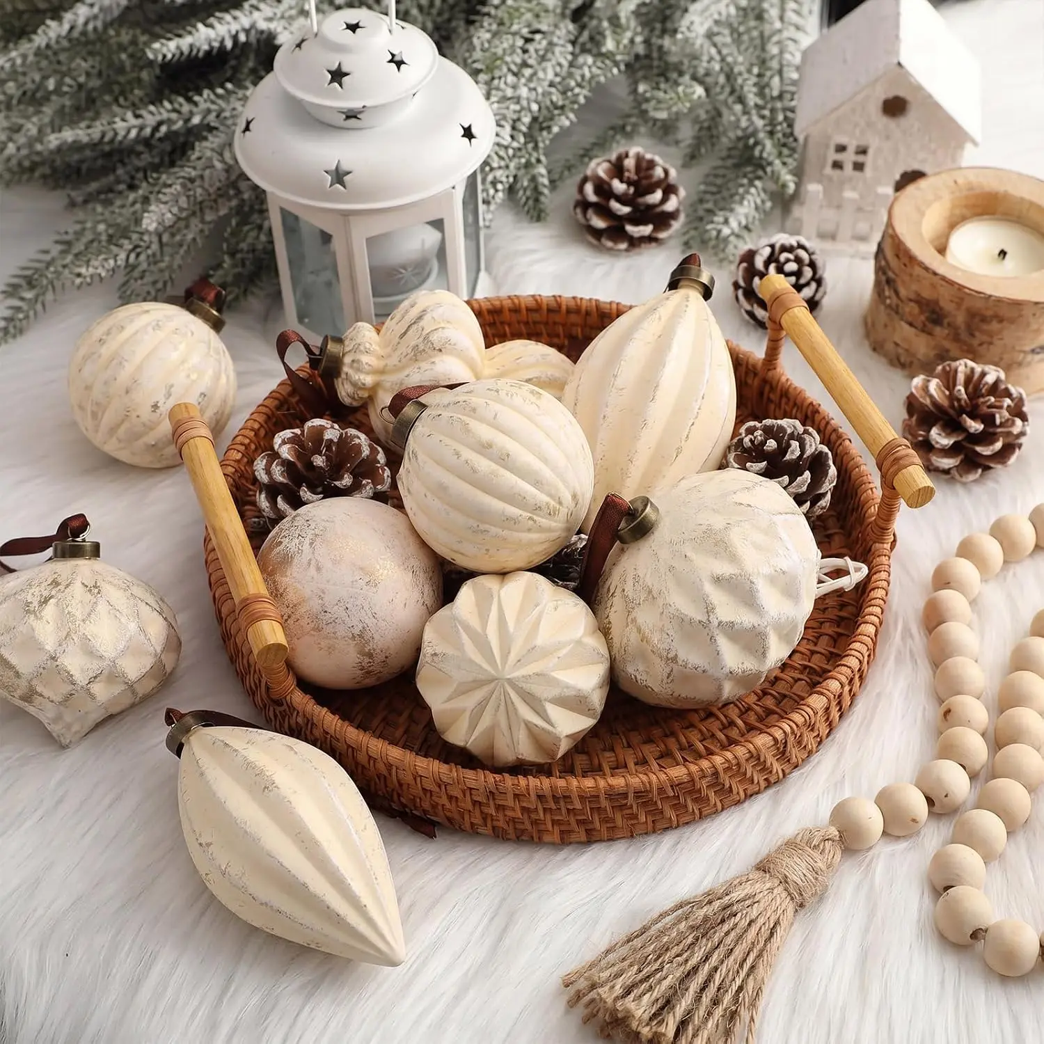 6 count Neutral Christmas Ornaments Textured Christmas Tree Decor with  Loop Modern  Finial Ball Ornaments Shatterproof  Decor for Xmas  Rustic  ()