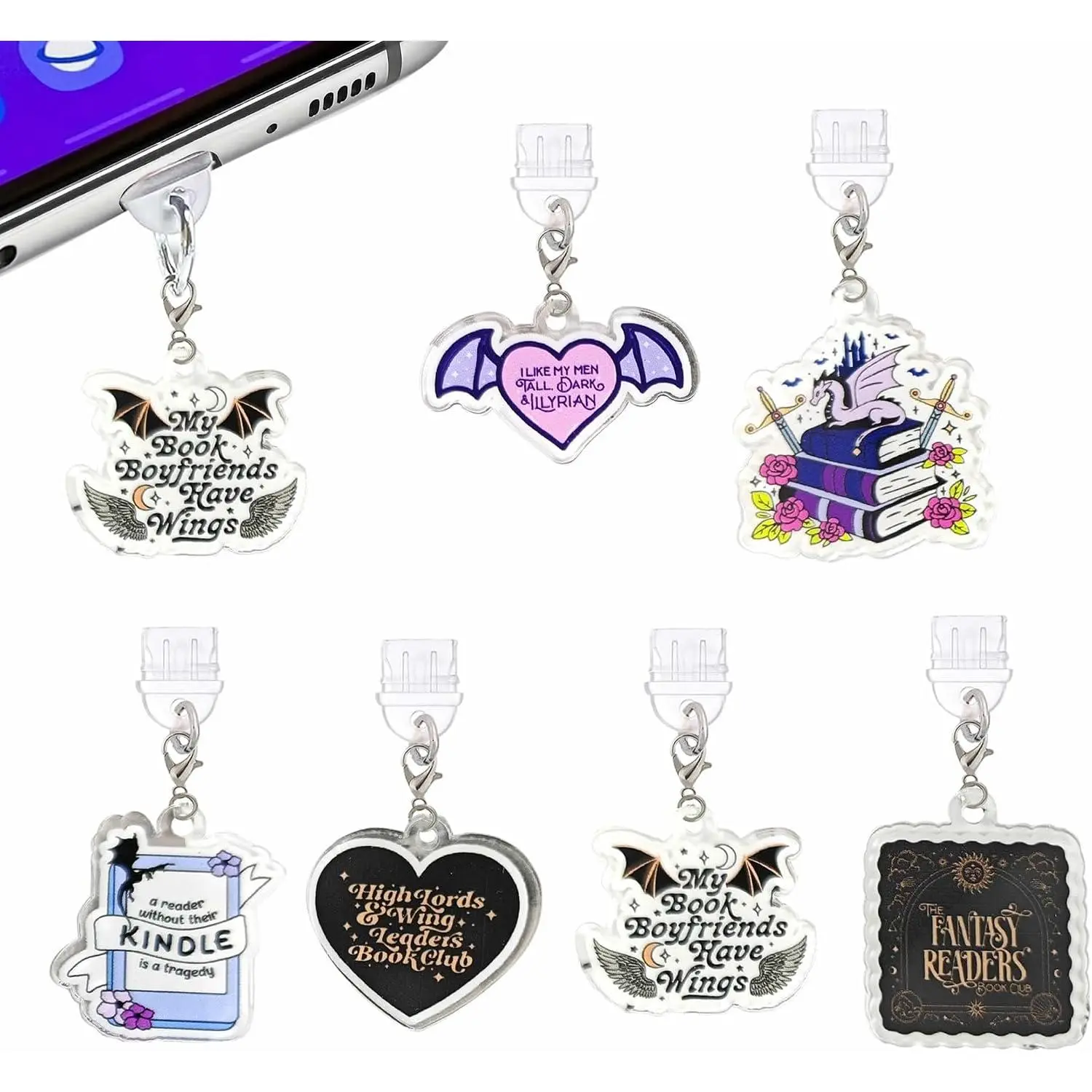 Dust Plug Charms for Phone & for Kindle Devices, Type C Accessories | 6 count cute Type C dust plug charms with butterfly, , moon & flower designs, protect ports for phones & for Kindle devices