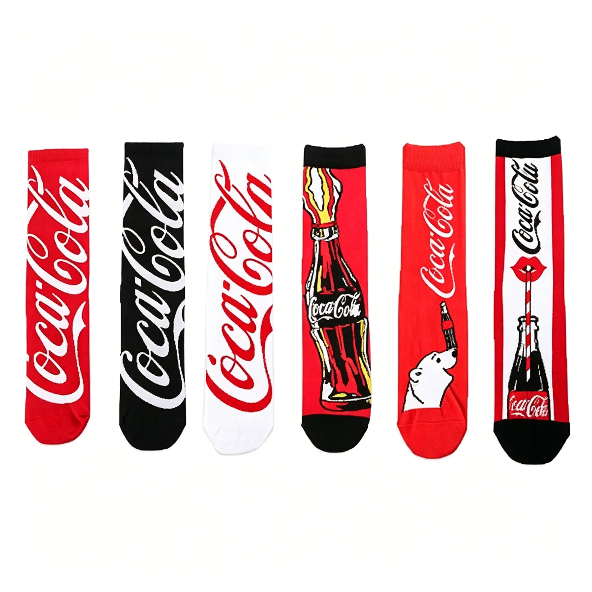Set of 5–6 pairs of retro-style mid-calf socks featuring Coca-Cola patterns; unisex cotton socks with retro cartoon prints.